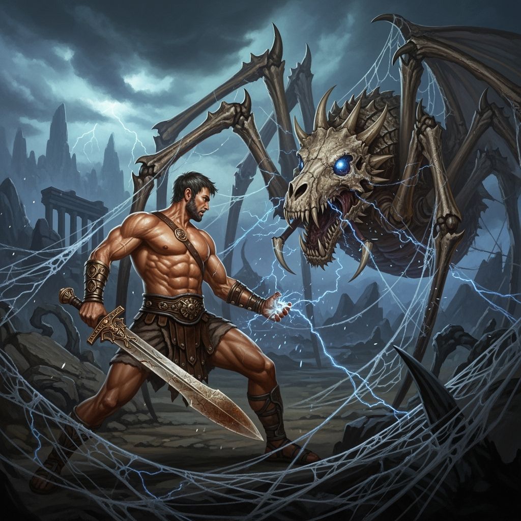 Greek Hero Theseus Battles Giant Spider with Bone Legs