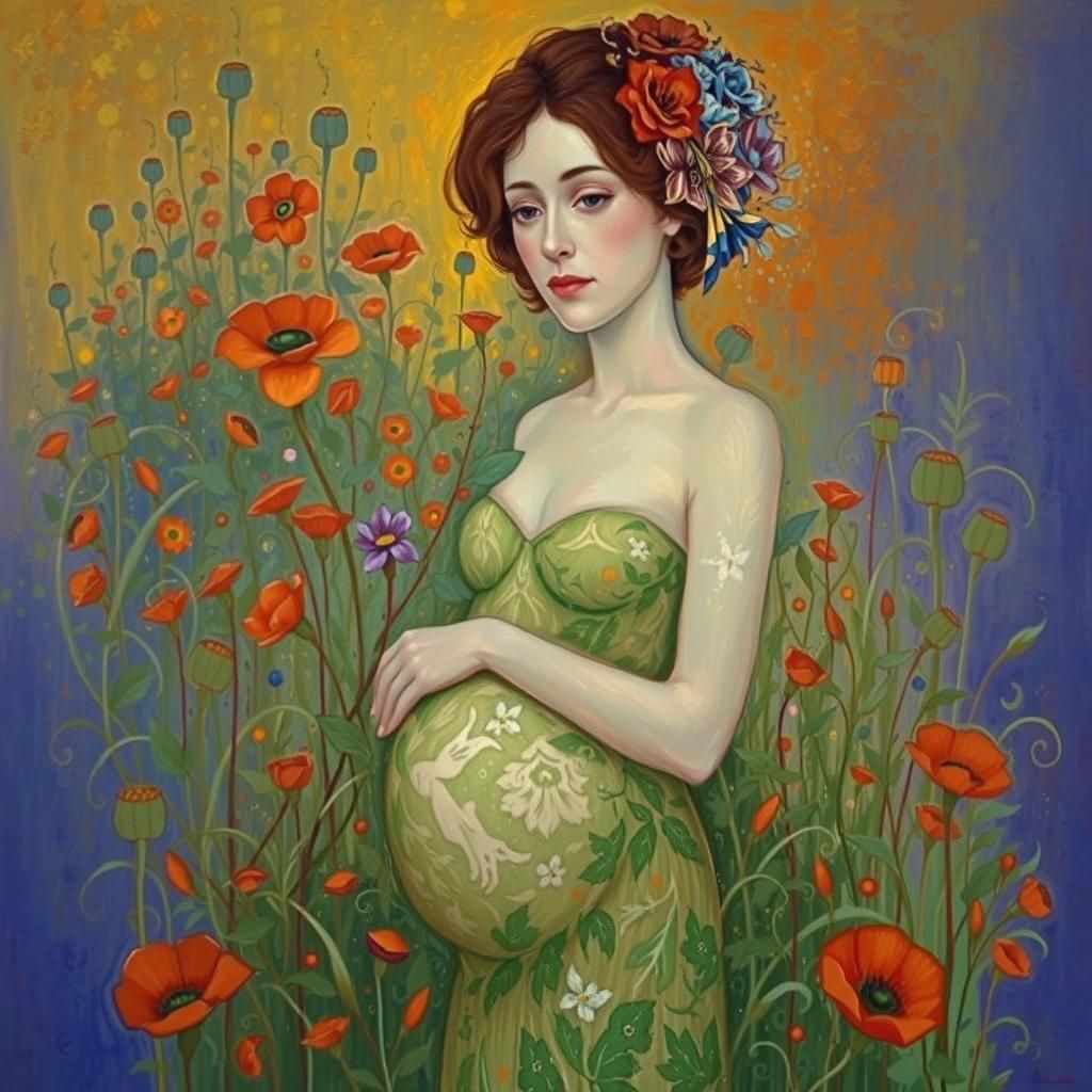 Pregnant Woman in Blooming Garden: Surrealist Painting