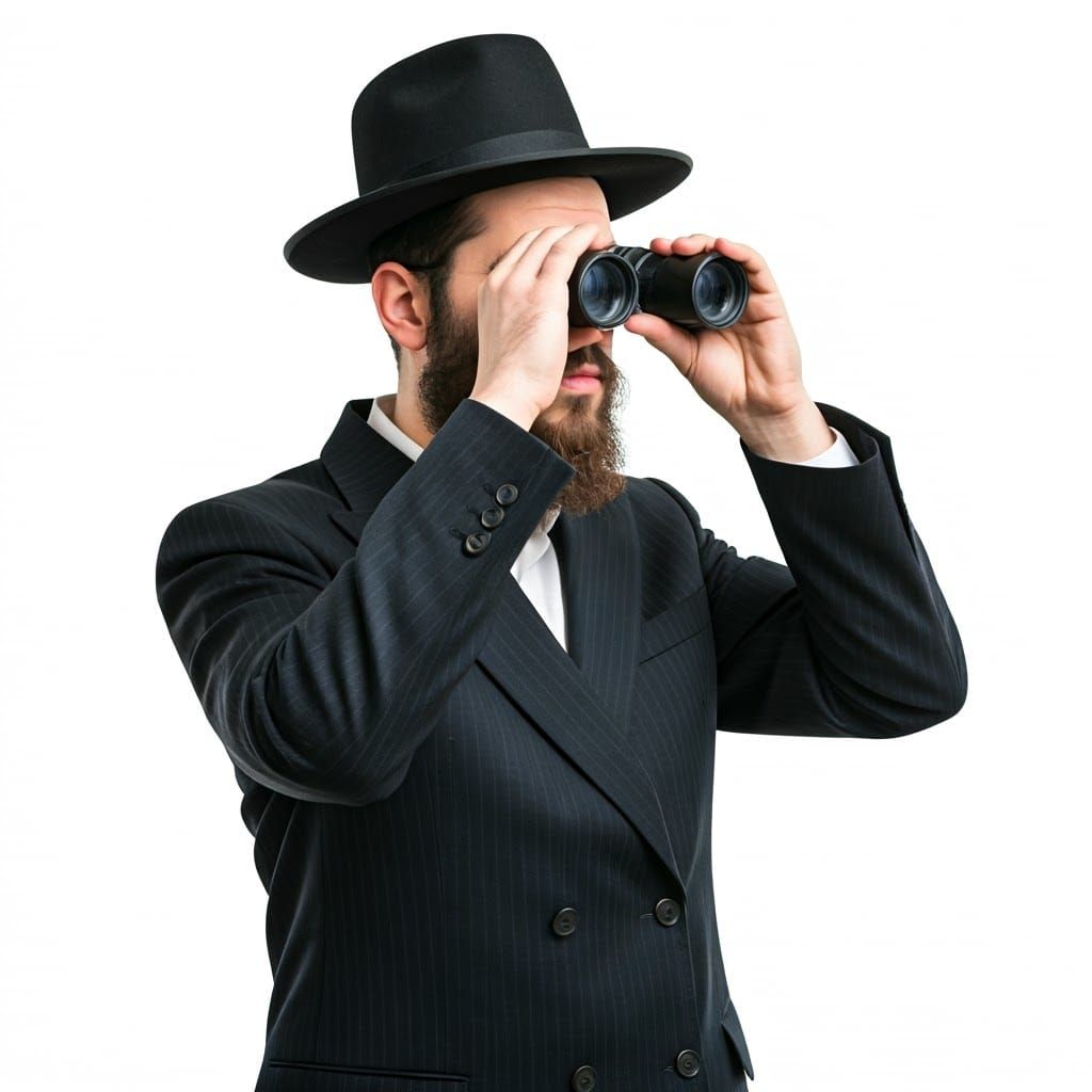 A Hasidic Man in Traditional Attire Scans the Horizon