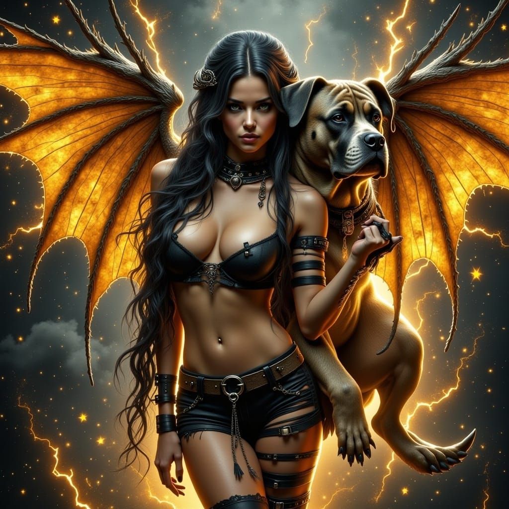 Dystopian Beauty with Gargoyle Wings and Bulldog