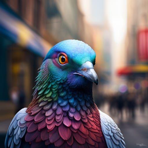 Hyperrealistic Pigeon Portrait in Little City