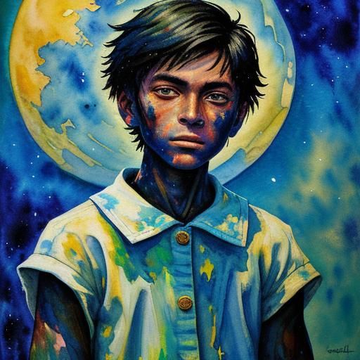 Boy Gazing at Moon in Expressionist Watercolor