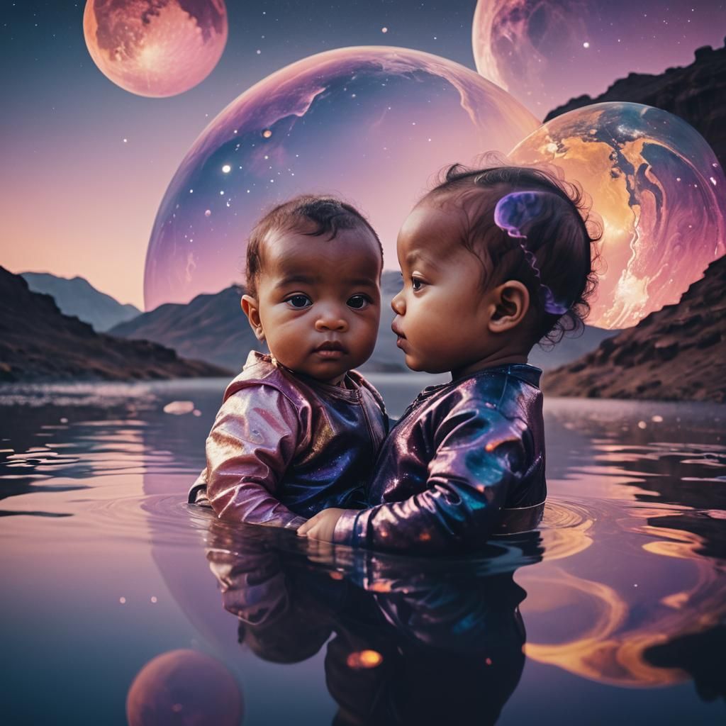 Surreal Double Exposure: Baby and Alien Planet