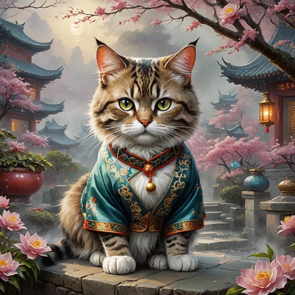 Cat in Chinese Clothes: Ethereal Fantasy Art