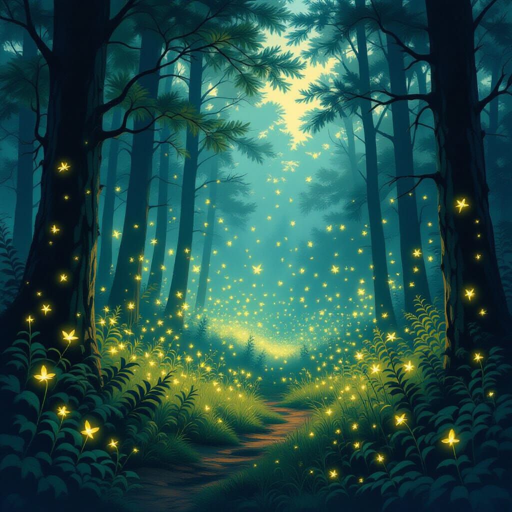 Fireflies Illuminate Twilight Forest in Art Nouveau Style