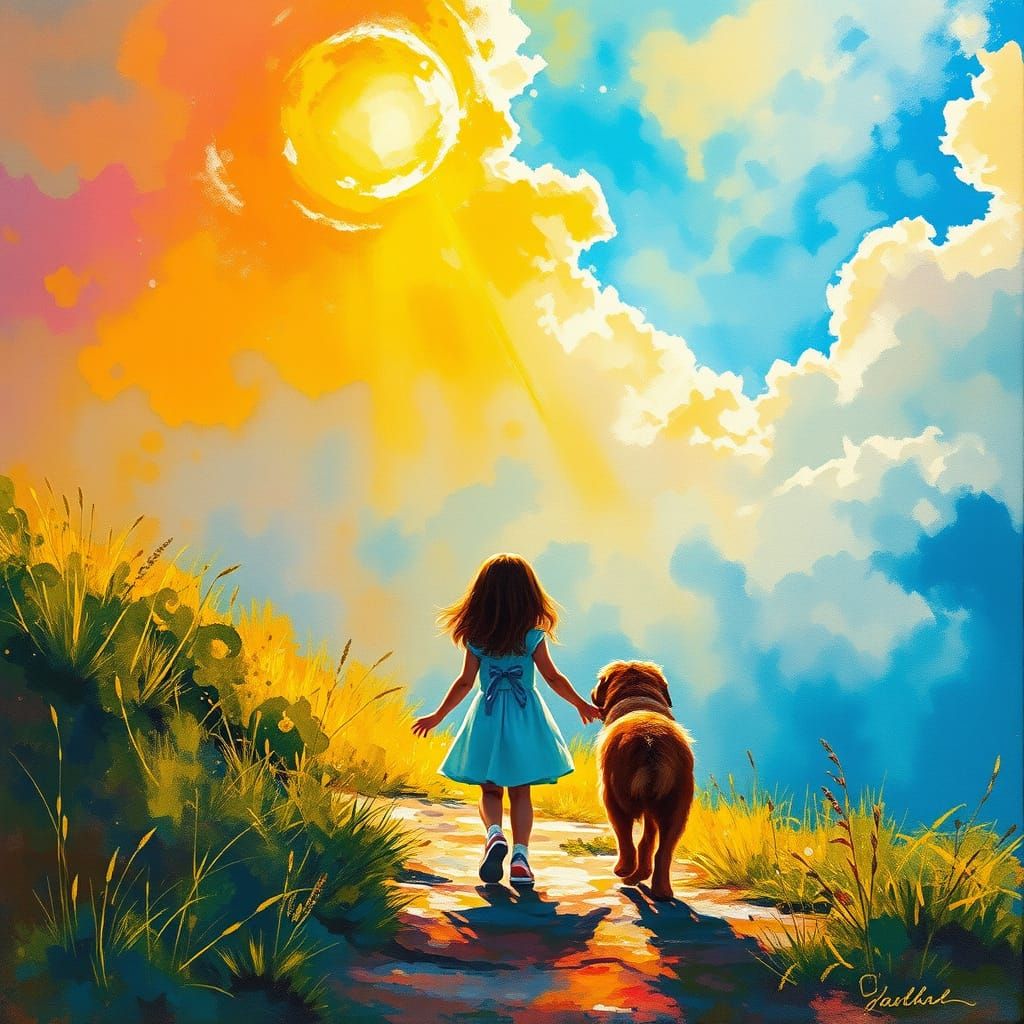 Surreal Child and Dog in Vibrant Gouache Watercolor Style