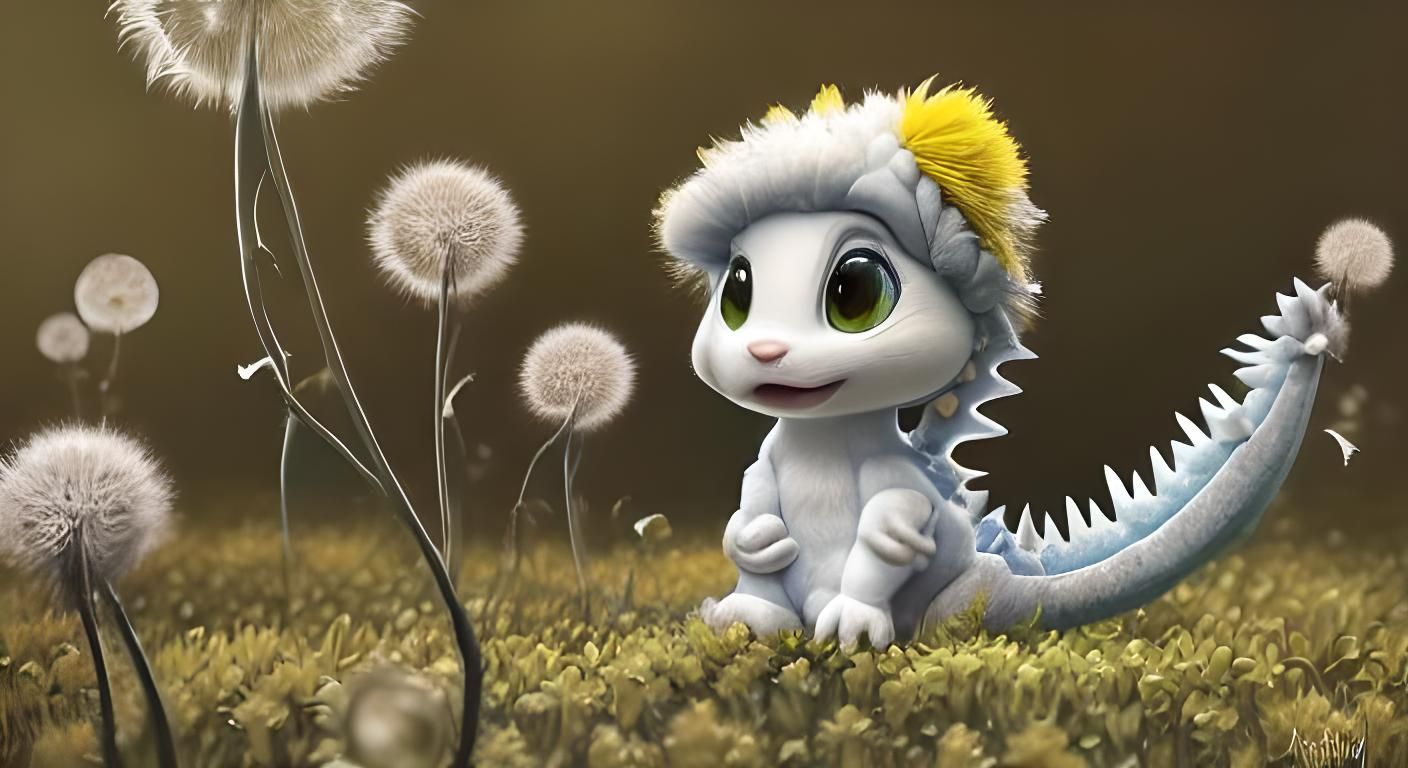 Pixar-Style Dandelion Dragon with Big Adorable Eyes