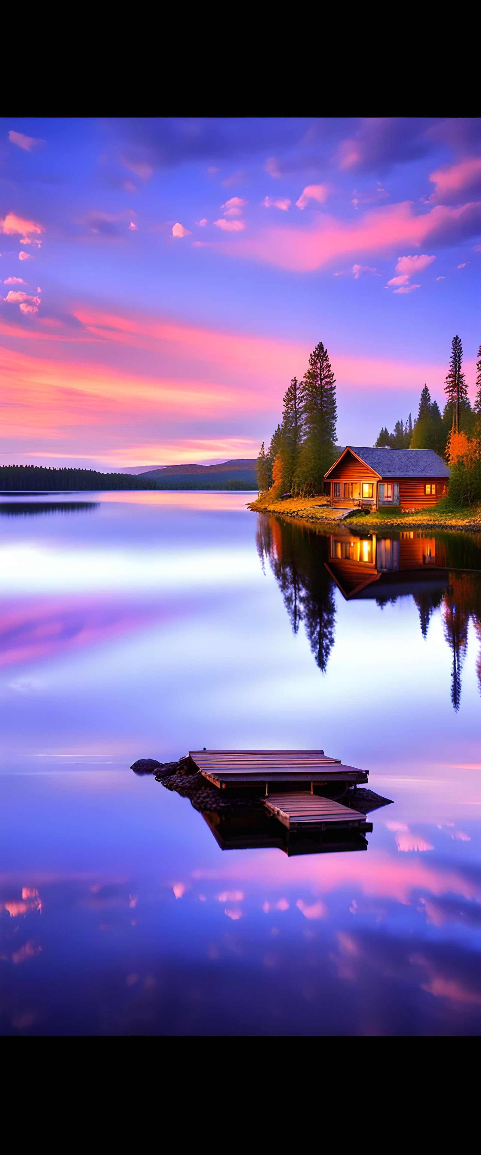 Cozy Cabin on Tranquil Lake at Sunset
