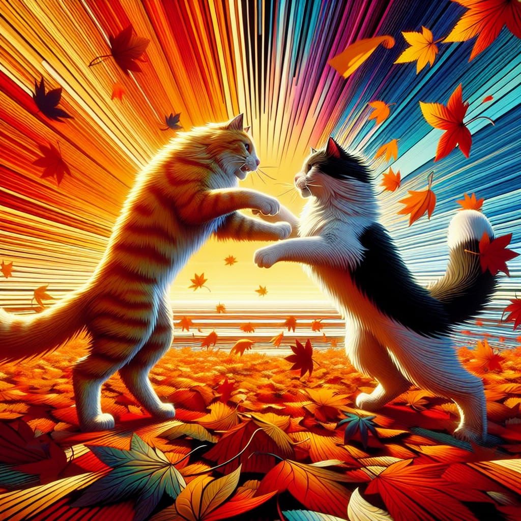 Cats Battling Among Autumn Leaves in Early 20th Century Styl...