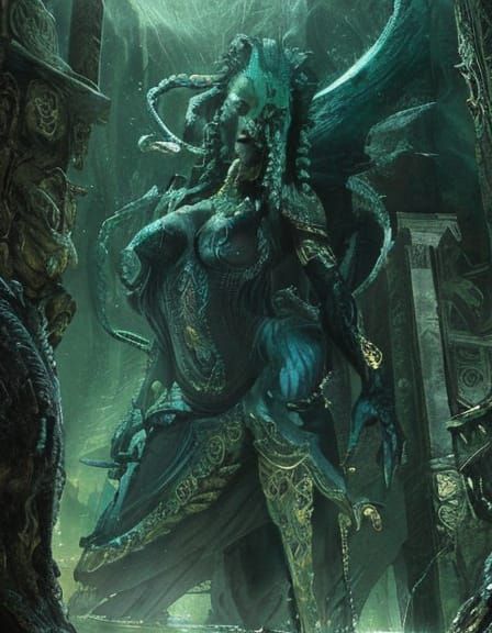 Serene Dark Fantasy Goddess, Four Arms, Serpent Body, Haunti...