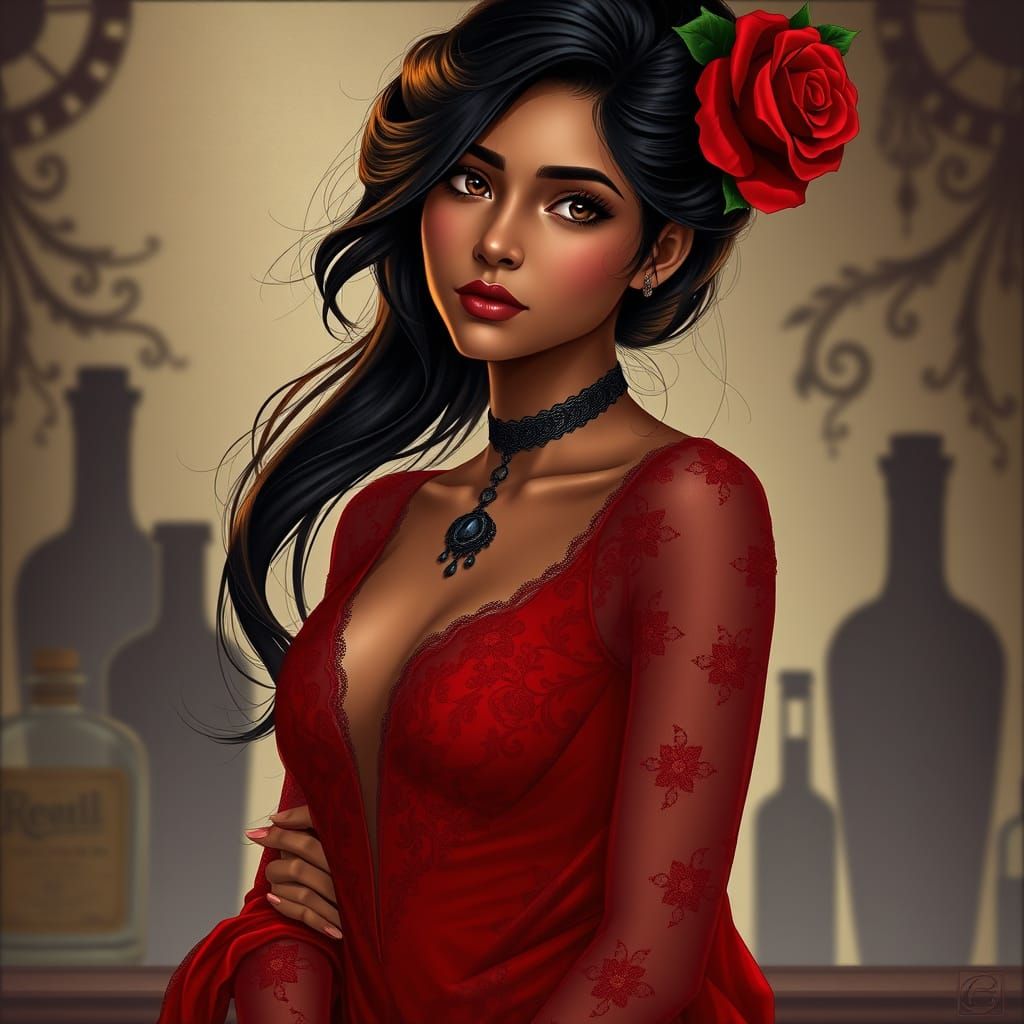 Indian Woman in Crimson Victorian Gown