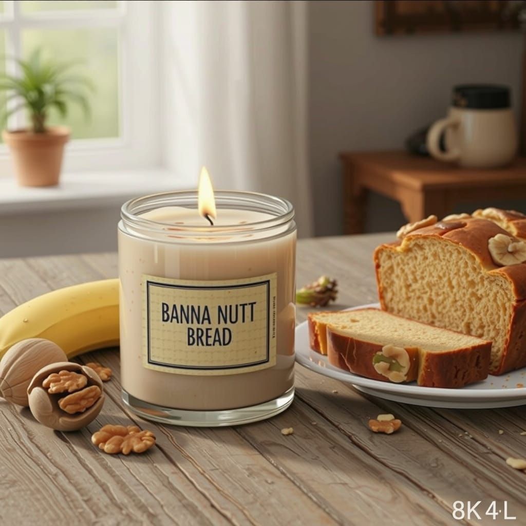 Banana Nut Bread Candle on Rustic Wooden Table