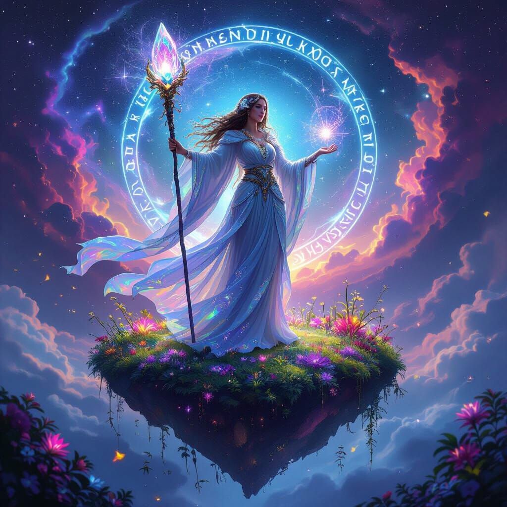 Cosmic Sorceress Casting Spells in Hyperrealistic Style