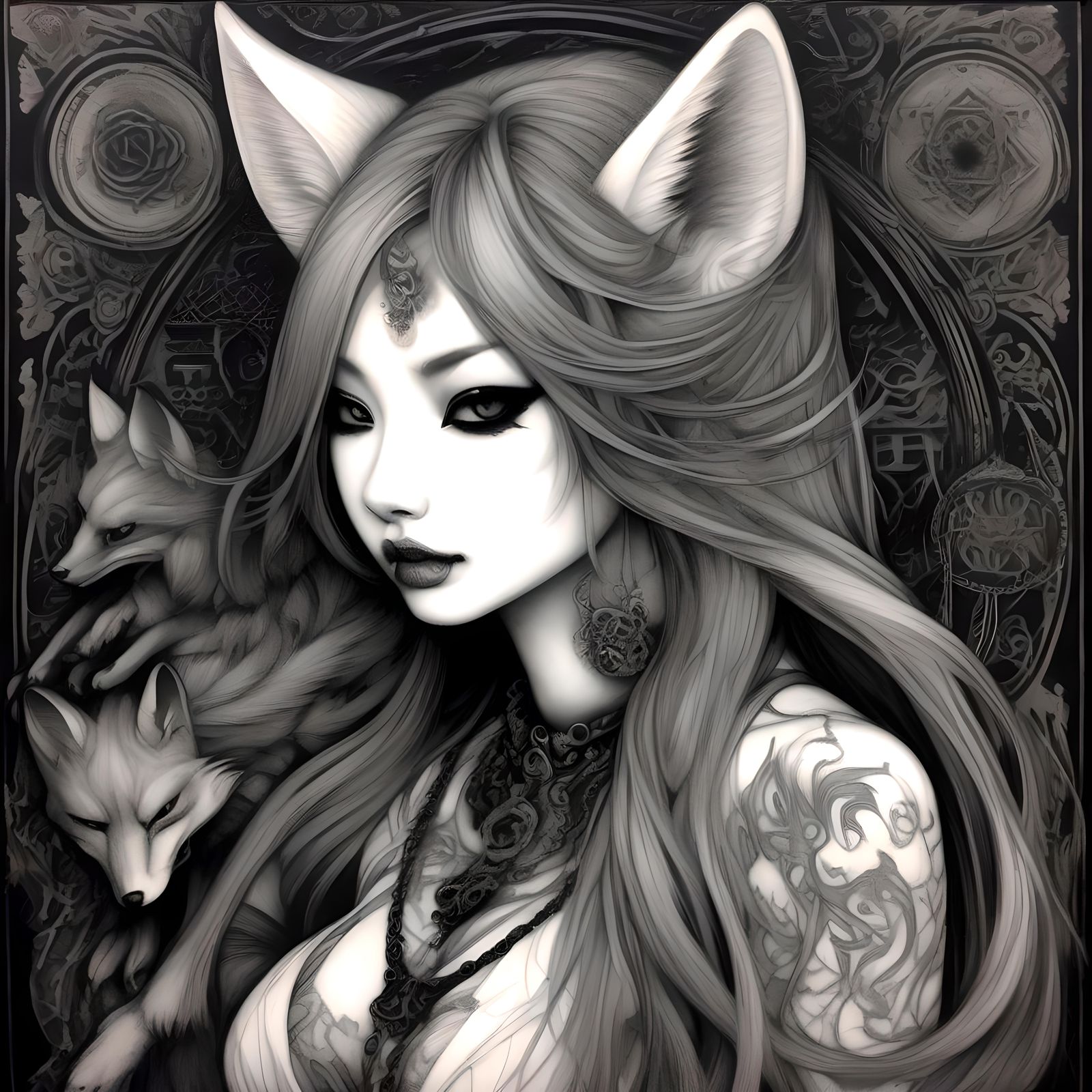 Goth, kitsune, brushed charcoal, hyperdetailed