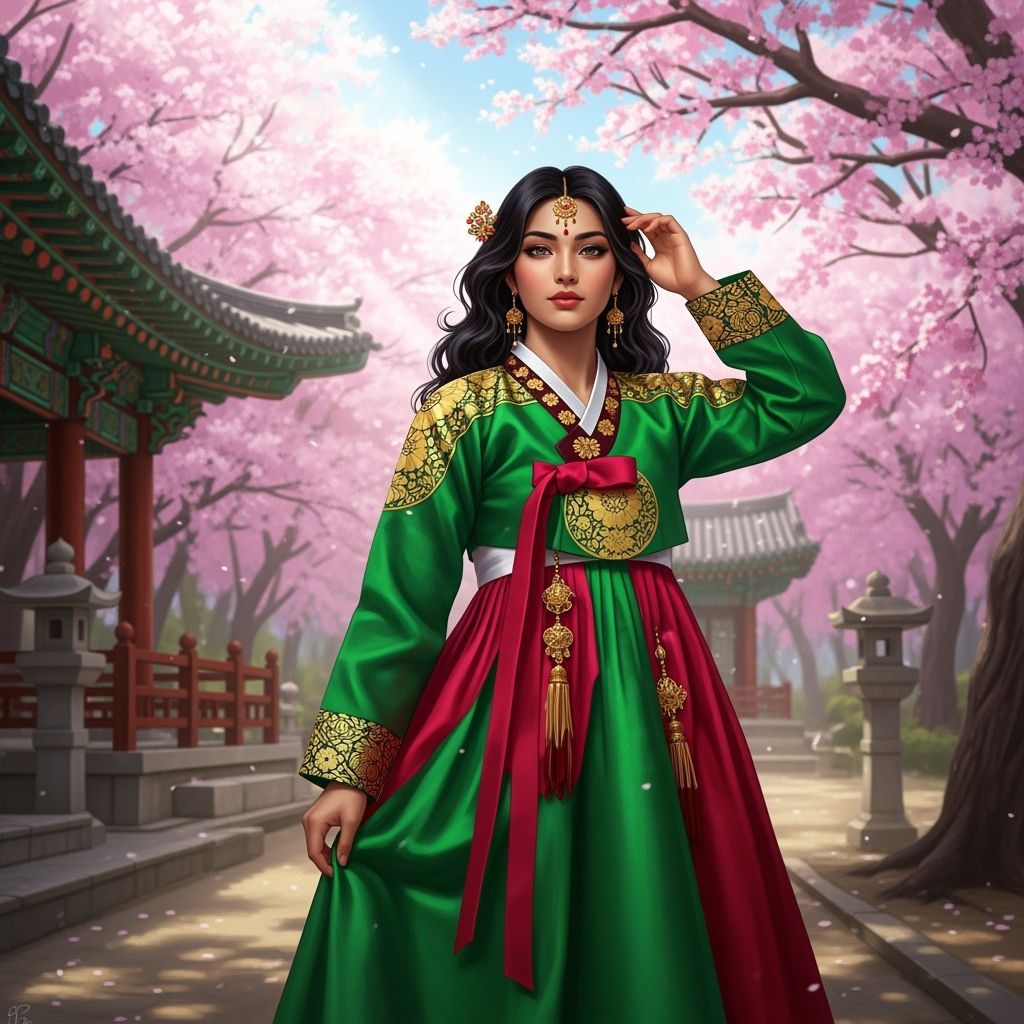 Hindu Woman in Emerald Hanbok at Temple Garden