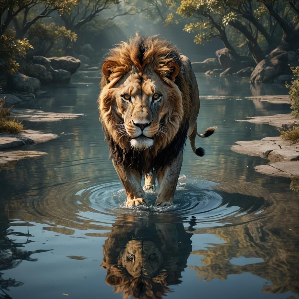 A large lion seeing his  reflection in a pool of water