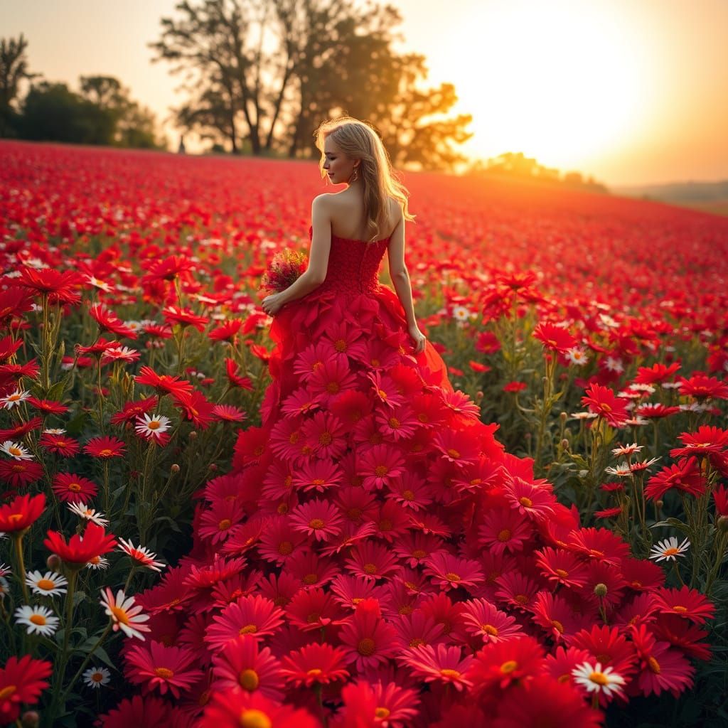 Romantic Field of Red Daisies in a Dreamy, Realistic Setting