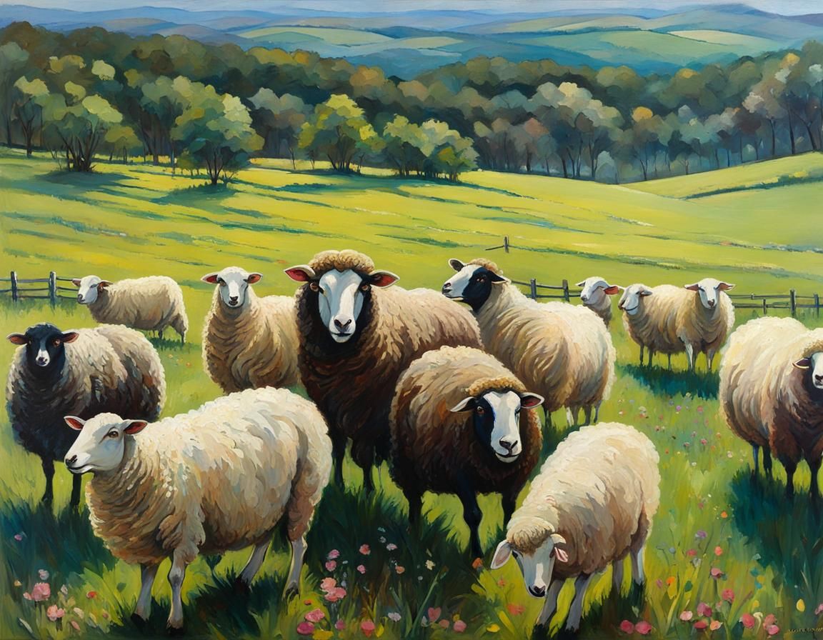 Happy Sheep Graze on Lush Hillside: Oil Painting