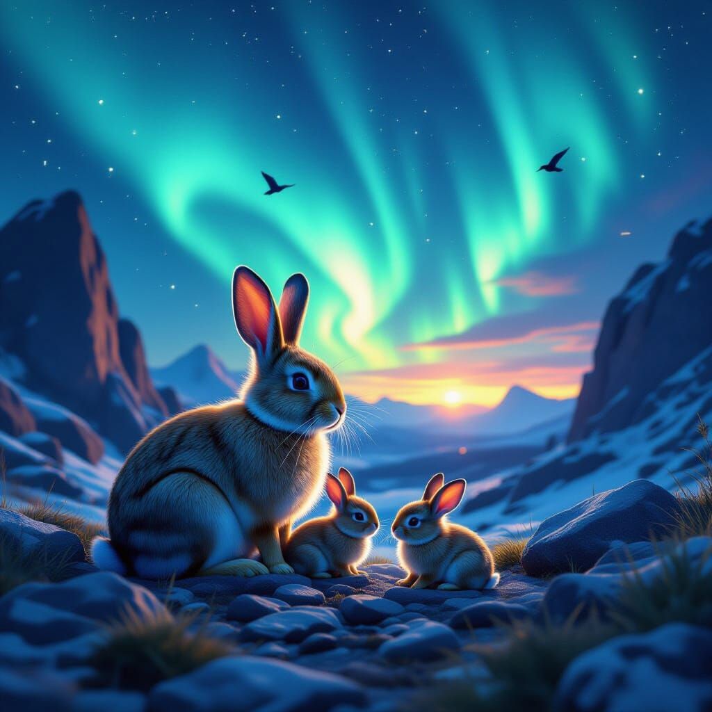 Majestic Rabbit Family Under Aurora Borealis Sky