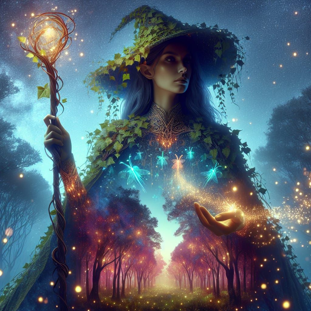 Magical Forest Double Exposure with Female Wizard