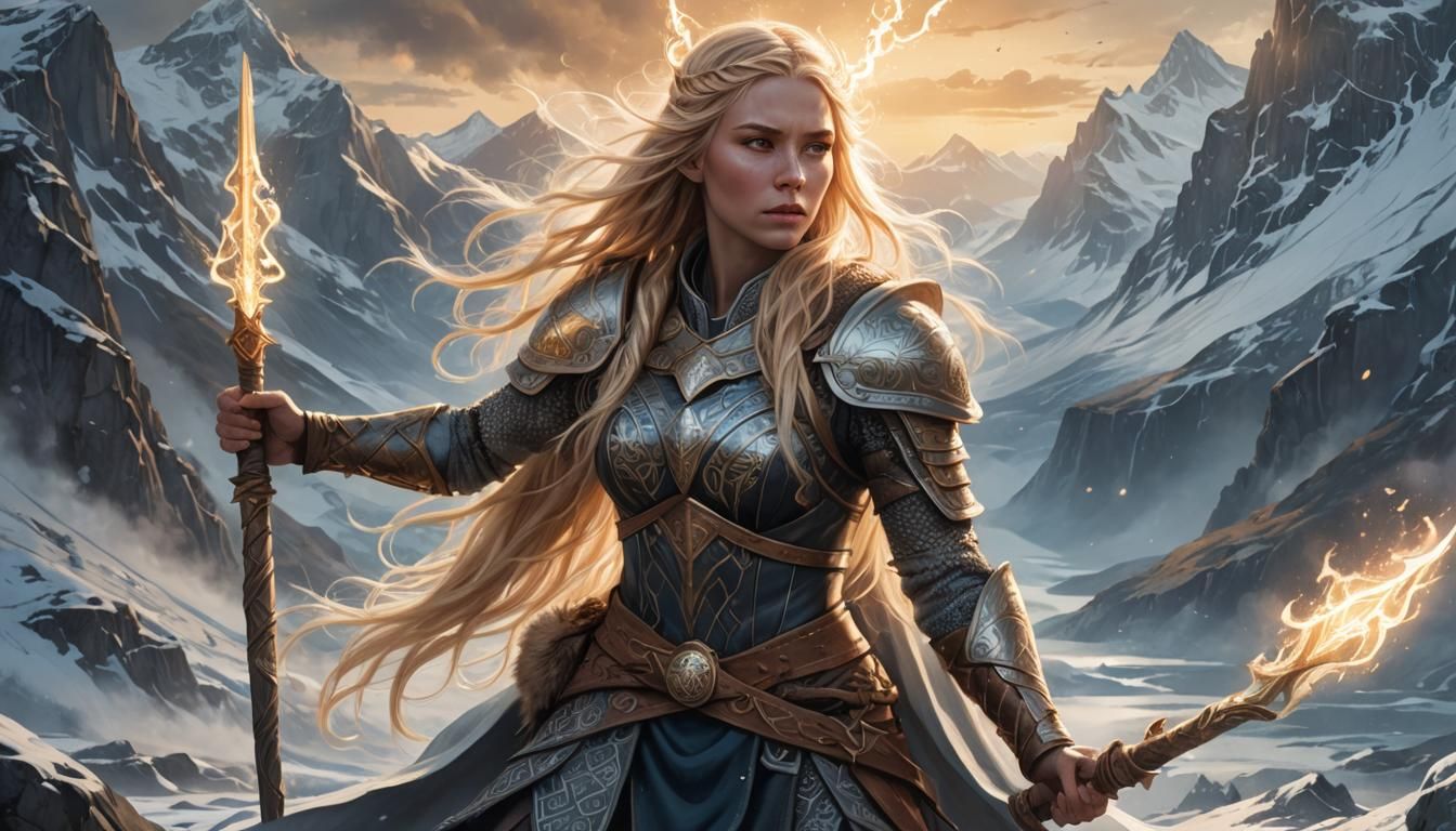 Female Viking Warrior of Light in Nordic Landscape