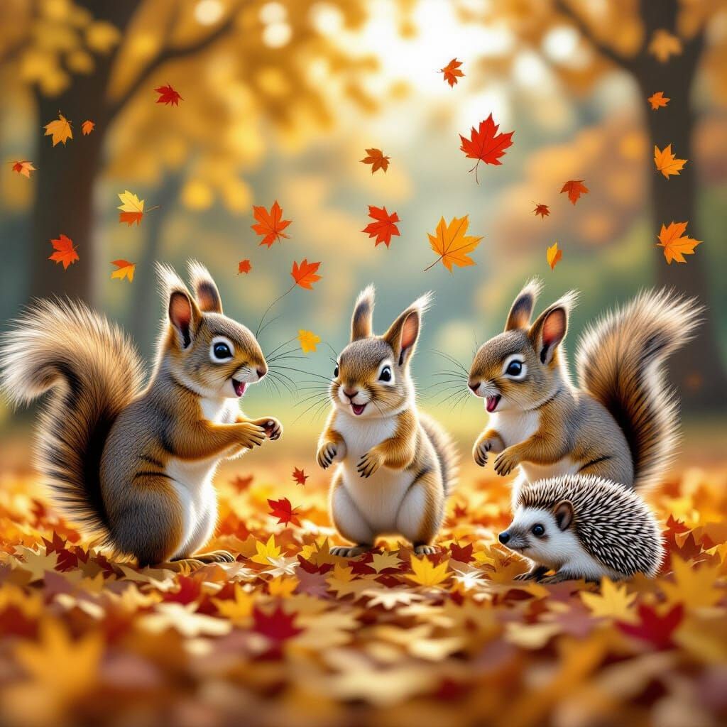Whimsical Forest Creatures in Hyperrealistic Autumn Chase
