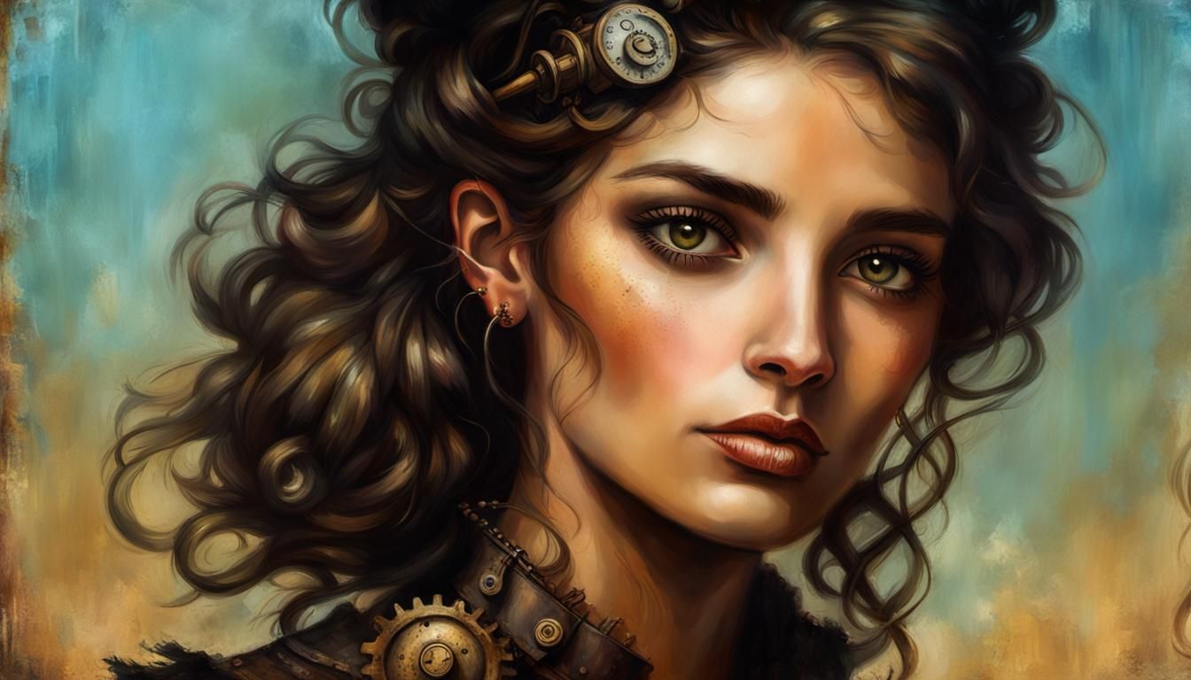 Steampunk Latina Girl Portrait in Vintage Oil Style