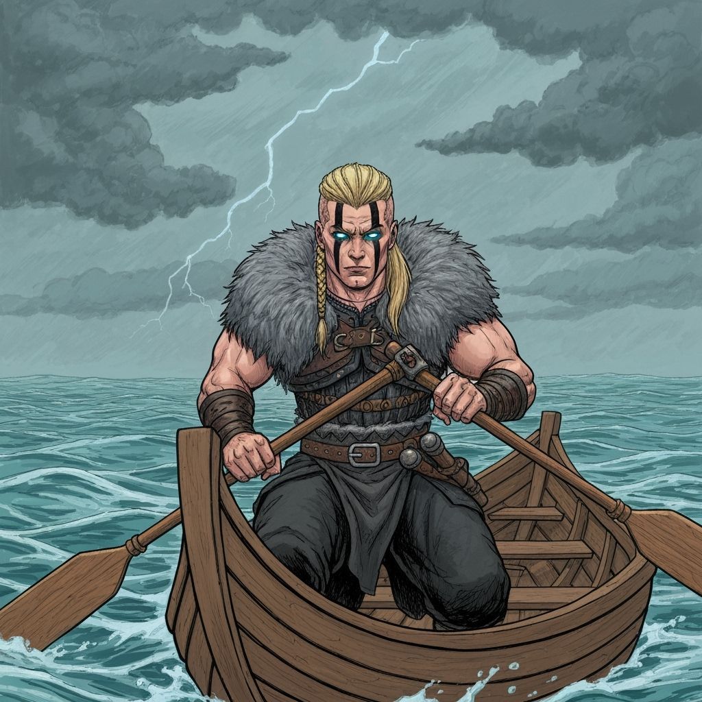 Viking Traveler in Stormy Sea: Crayon Illustration