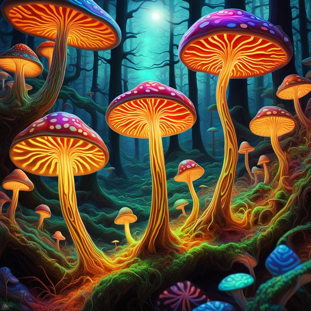 Psychedelic Mushroom in Swirling Forest, Surreal Art