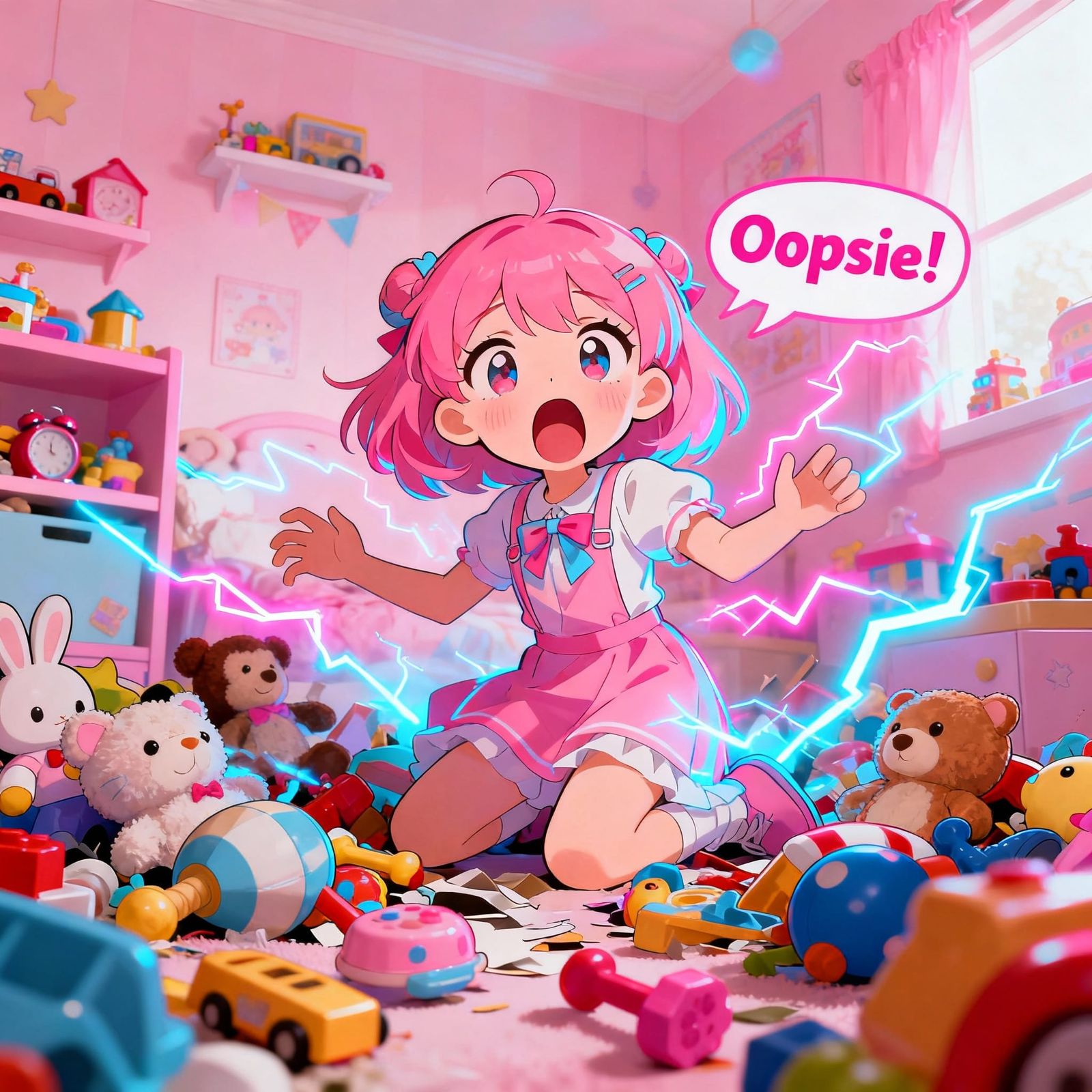 Shocked Cartoon Girl Exclaims Oopsie in Messy Toy Room