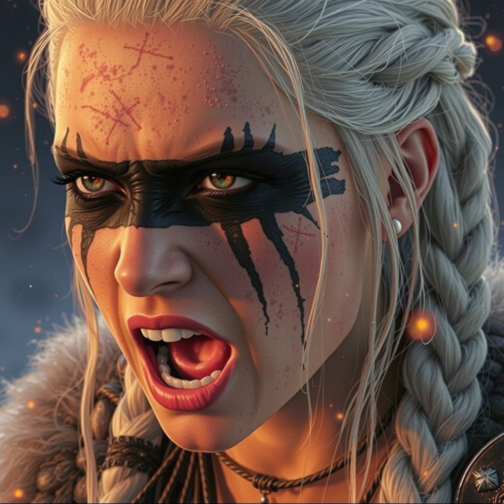Fierce Viking Warrior Woman Screaming in Battle