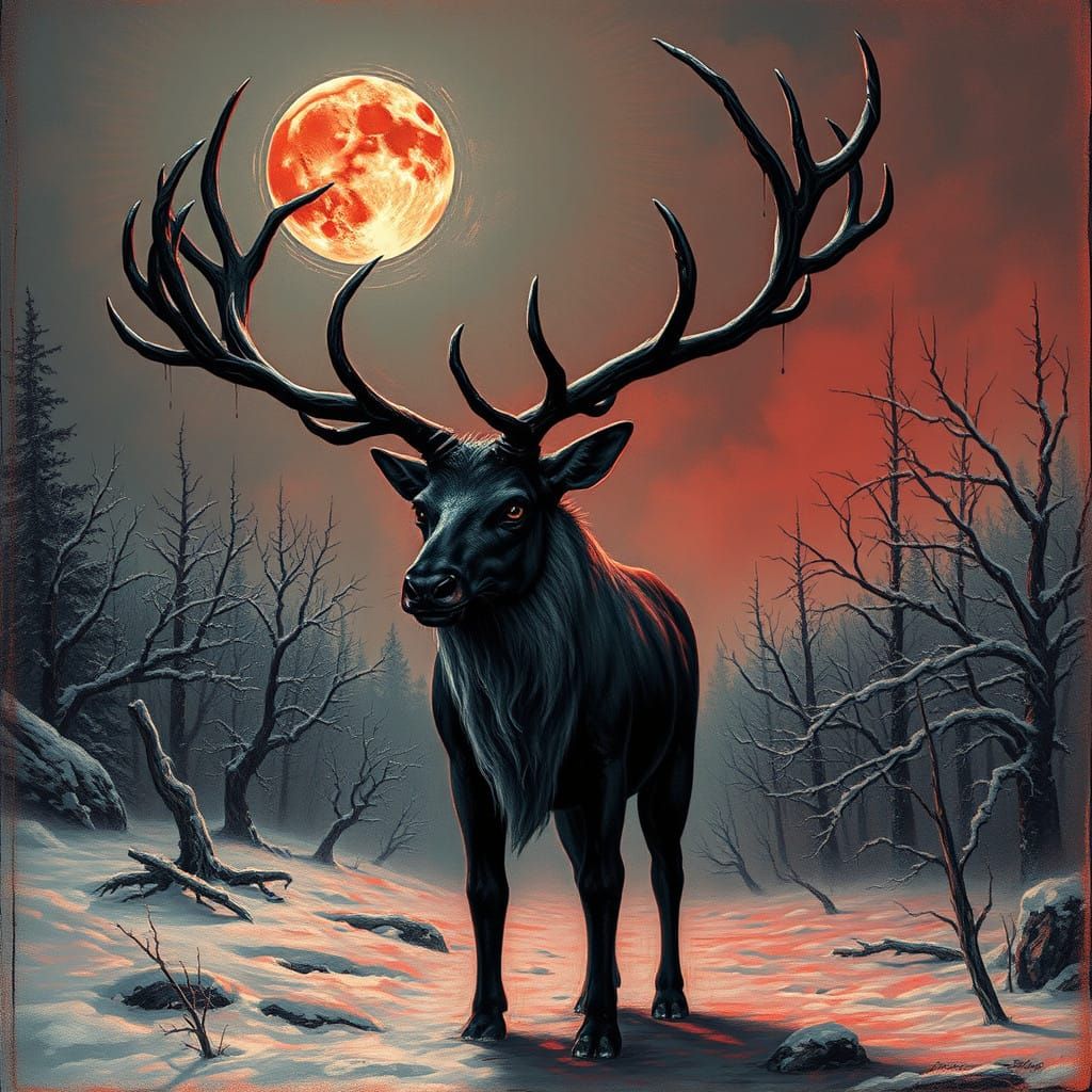 Dark Fantasy Reindeer in a Haunting Winter Landscape