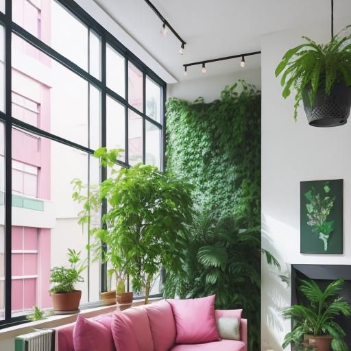 Window Lit Apartment with Plants and Pink Furnishings