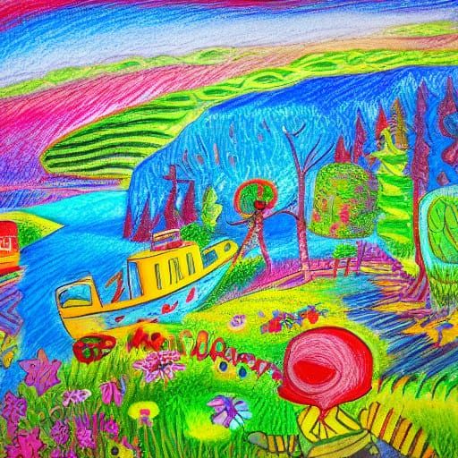 Whimsical Childhood Wonderland in Vibrant Crayon Realism