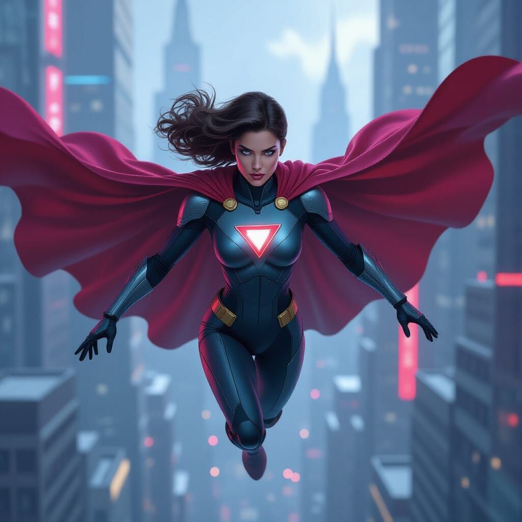 Superheroine Soaring Above Futuristic Cityscape in Comic Boo...