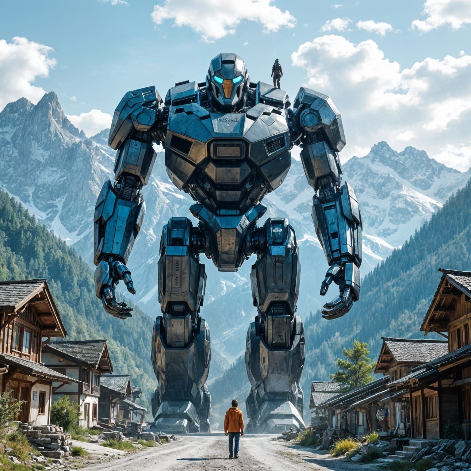 Giant Robot Enters Village, Majestic Mountains Background