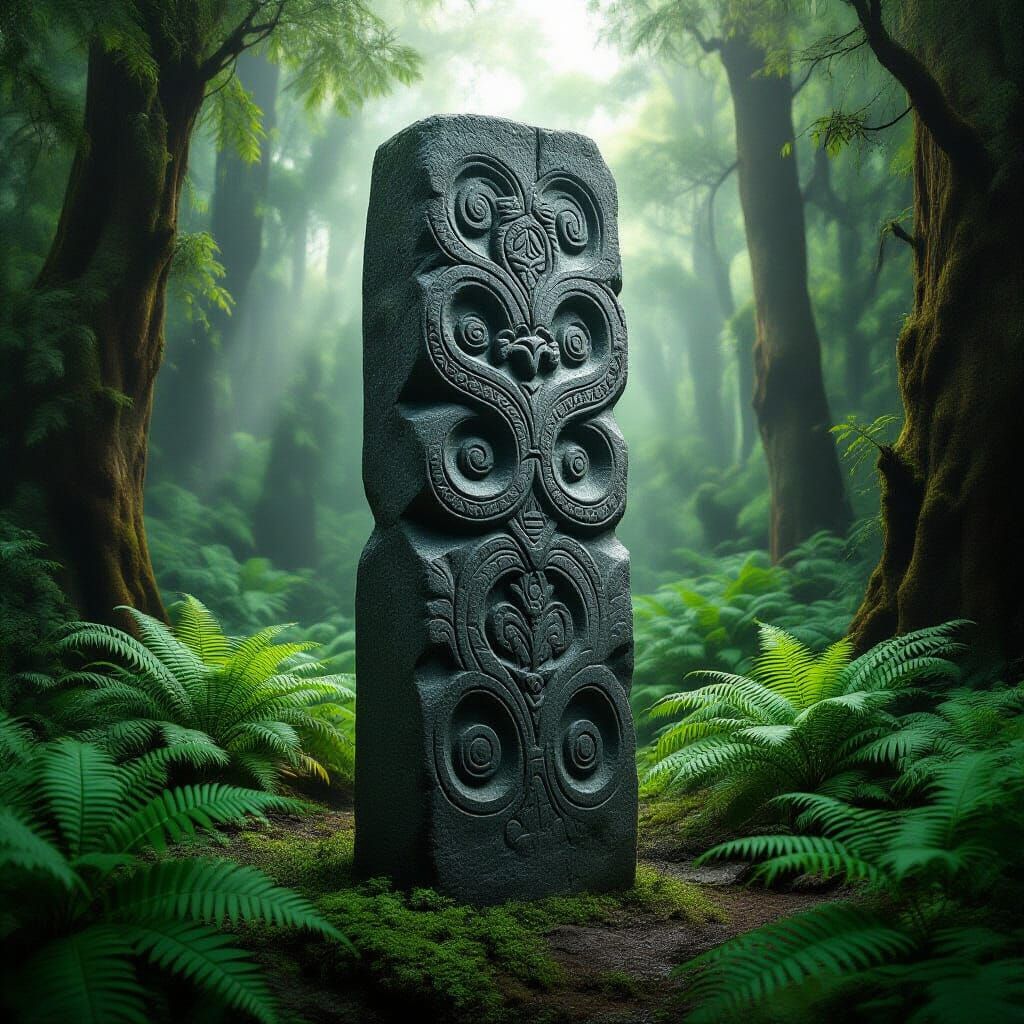 Mystical Maori Stone Pillar in Fern Forest