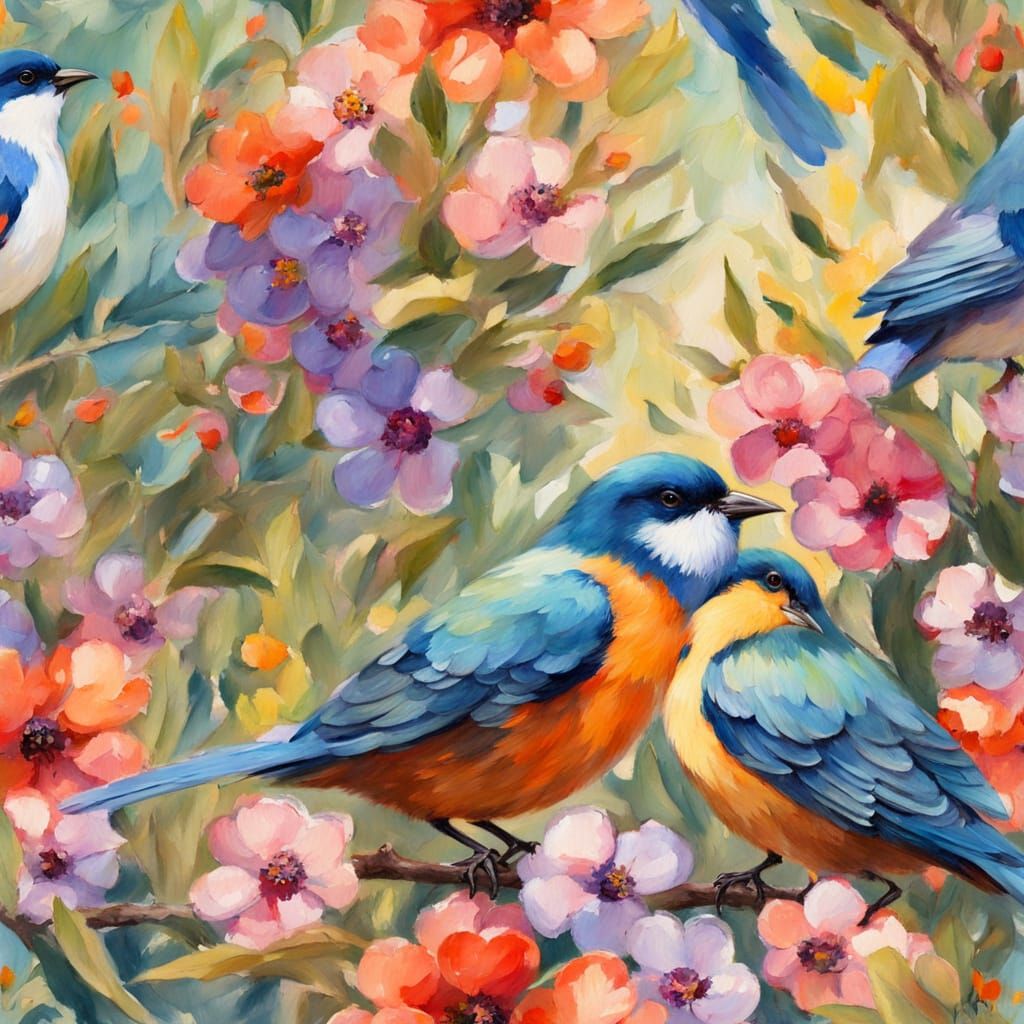 Impressionist Birds and Flowers in Vibrant Gouache