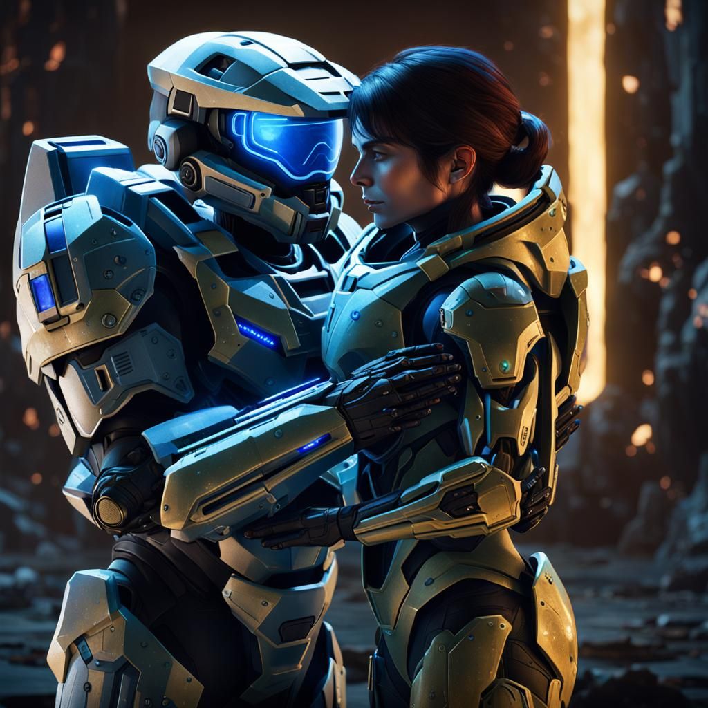 Master Chief: Loving Dad with Cortana, Detailed Matte Painti...