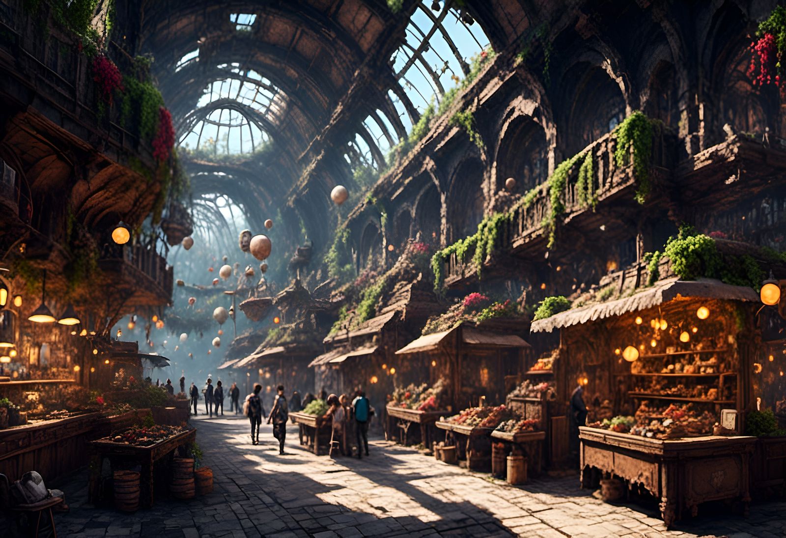 Aetherpunk Bazaar in HD 2D Pixel Art Style