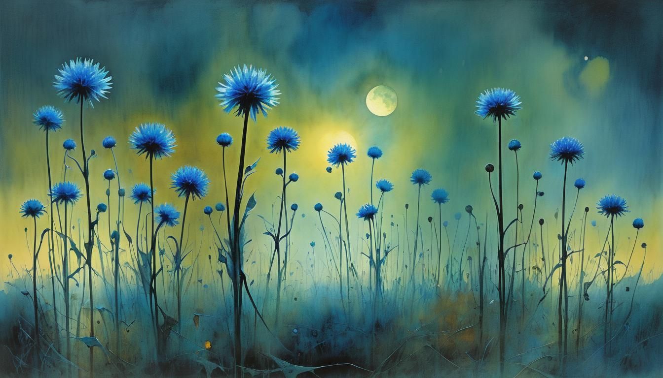 Surreal Cornflower Chaos in Dark Watercolor Style