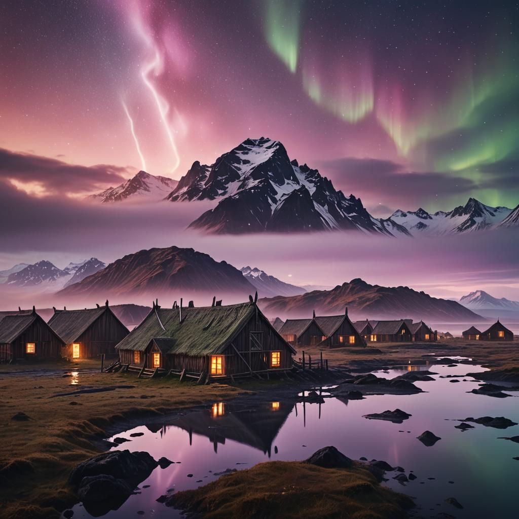 Fantasy Viking Longhouses in Iceland with Northern Lights