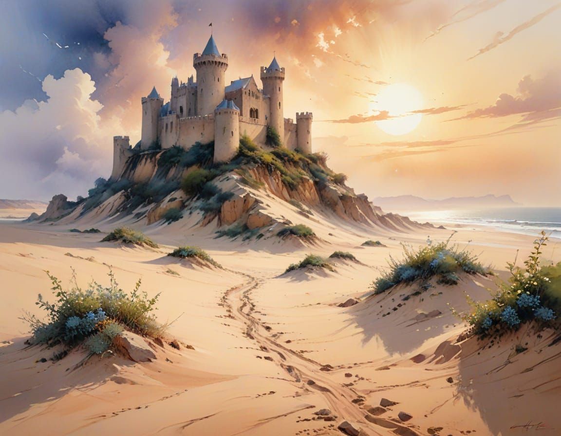 Deserted Castle Overlooking Shifting Dunes, Watercolour Art