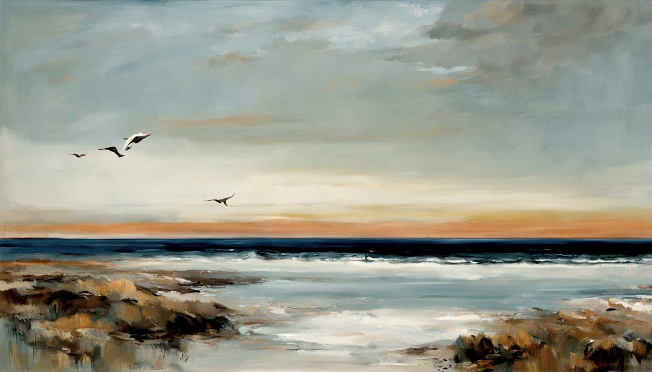 by Peter Doig and Anselm Kiefer:: Seascape abstract with seashore in the foreground:: scrub grass:: mid afternoon:: sea ...