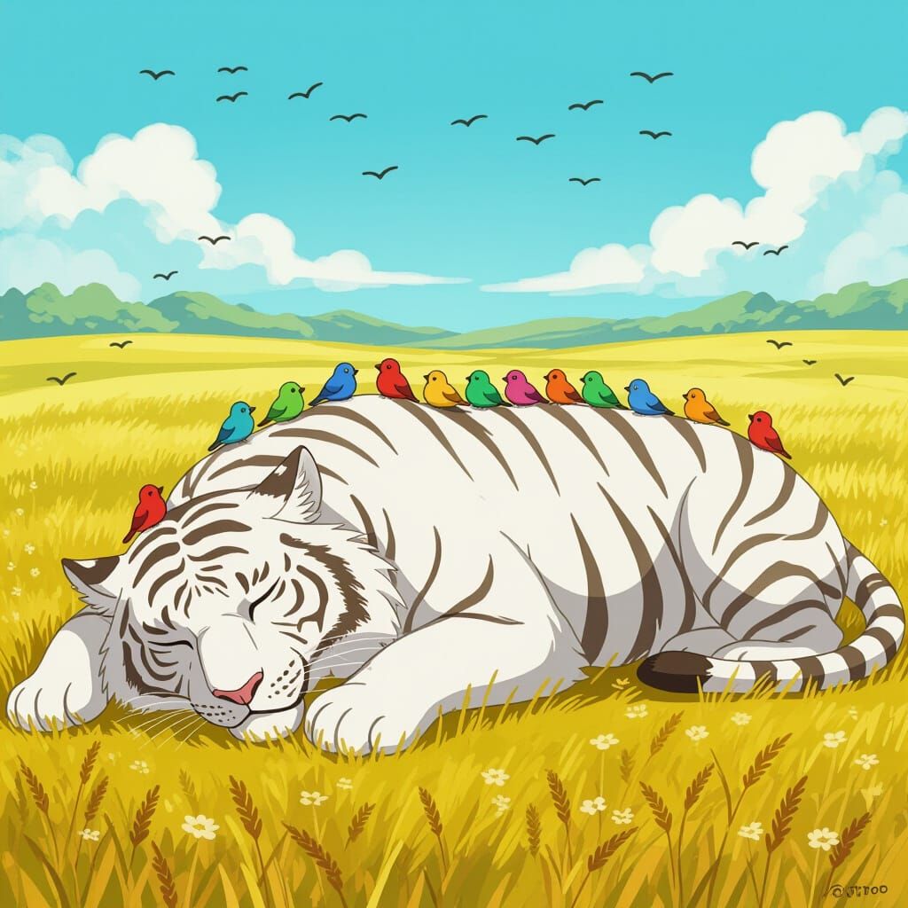 Tiny Birds on Giant Tiger in Grasslands, Graphic Novel Style