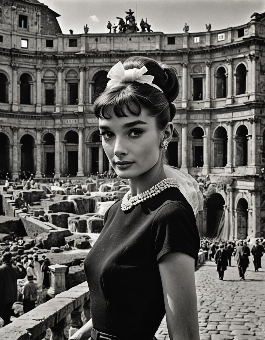 Audrey Hepburn Portrait in Rome with Tulle Bow