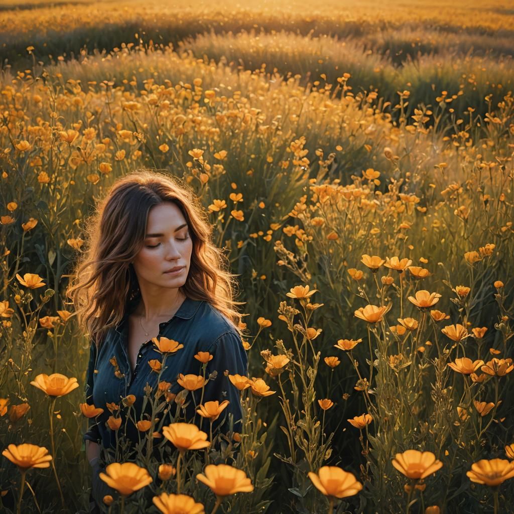 Impressionistic Figure in Golden Flower Field