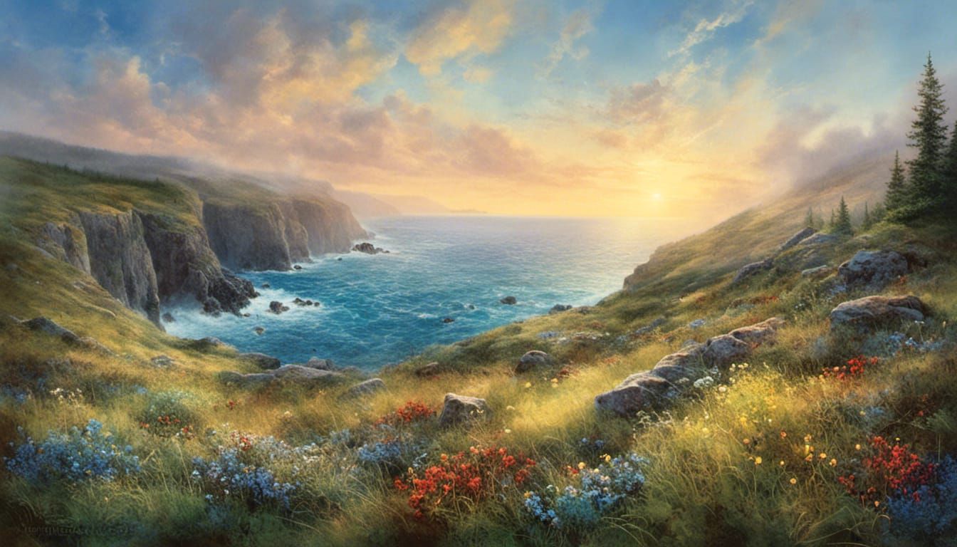 Vibrant Coastal Meadow in Watercolor Style