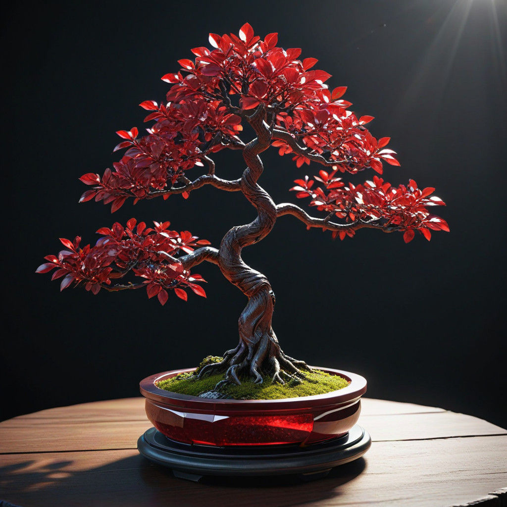 A Photorealistic Ruby Crystal Bonsai Tree