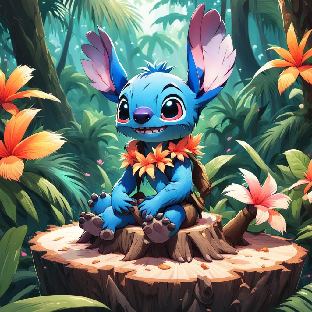 Mischievous Stitch in Lush Forest, 3D Anime Art